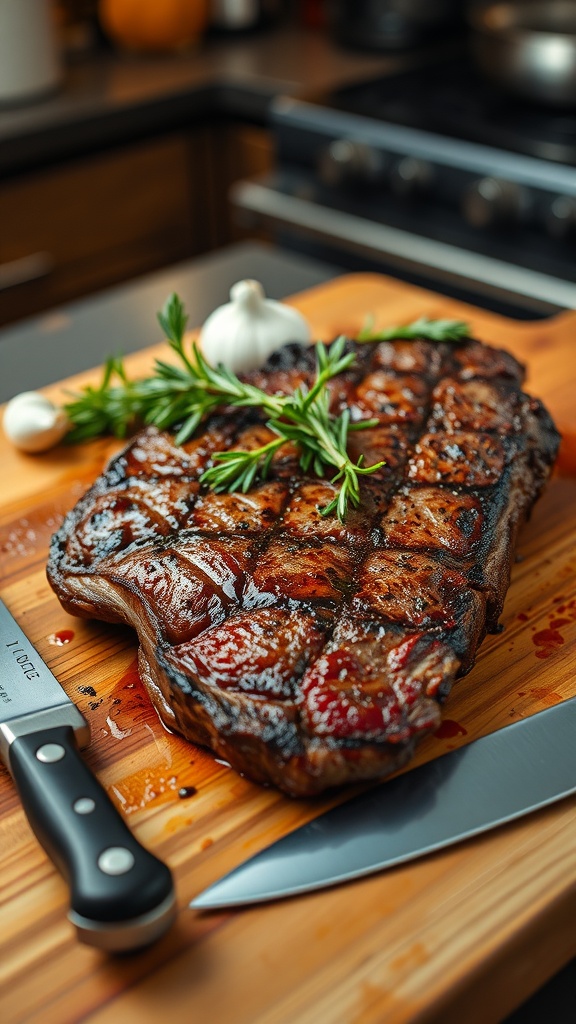 Juicy ribeye steak on a wooden board with rosemary and garlic, ready to be served.